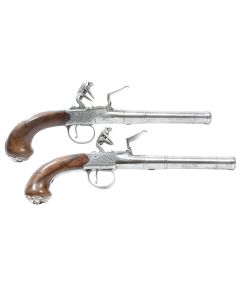 A Pair Of 22 Bore Silver-Mounted Flintlock Turn-Off Pistols Signed Whately