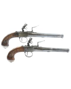 A Pair Of 20 Bore Silver-Mounted Flintlock Turn-Off Pistols By Griffin Of London