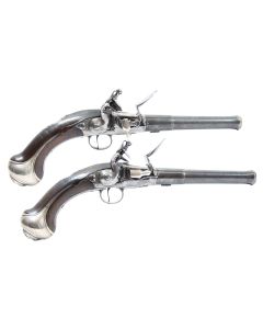 A Pair Of 15-Bore Flintlock Silver-Mounted Two-Shot Superimposed-Load Breech-Loading Pistols By Jame