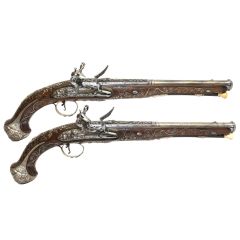 Pair of 15 Bore French Silver-Mounted Flintlock Holster Pistols For The Eastern Market, St Etienne