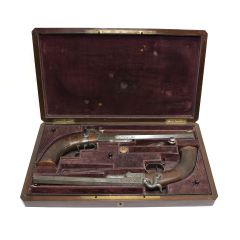 Very Rare Cased Pair of French 80 Bore Breech Loading Hammer Pistols For Annular Ignition Cartridge